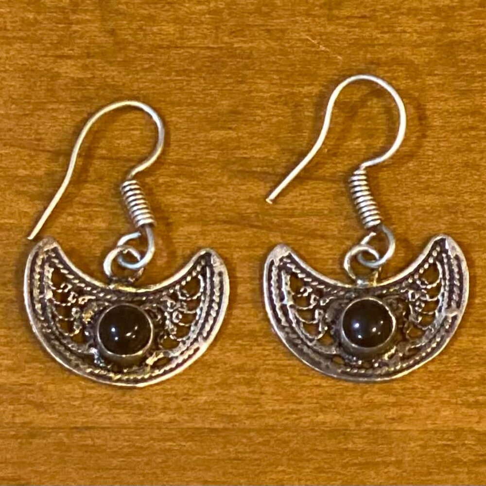 Handmade Tibetan Silver & Black Onyx Earrings.
